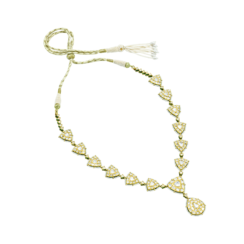 Gold Polki Necklace with Triangular and Teardrop Motifs